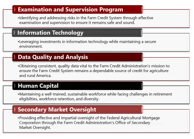 Management Challenges include Examination and Supervision Program, Information Technology, Data Quality and Analysis, Human Capital, and Secondary Market Oversight