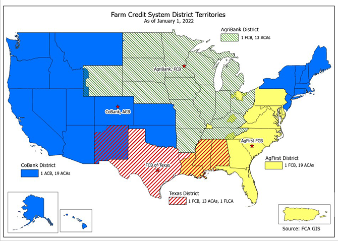 For an accessible version of Farm Credit System District Territories, go to https://www.fca.gov/bank-oversight/fcs-directory-map#panel-1.